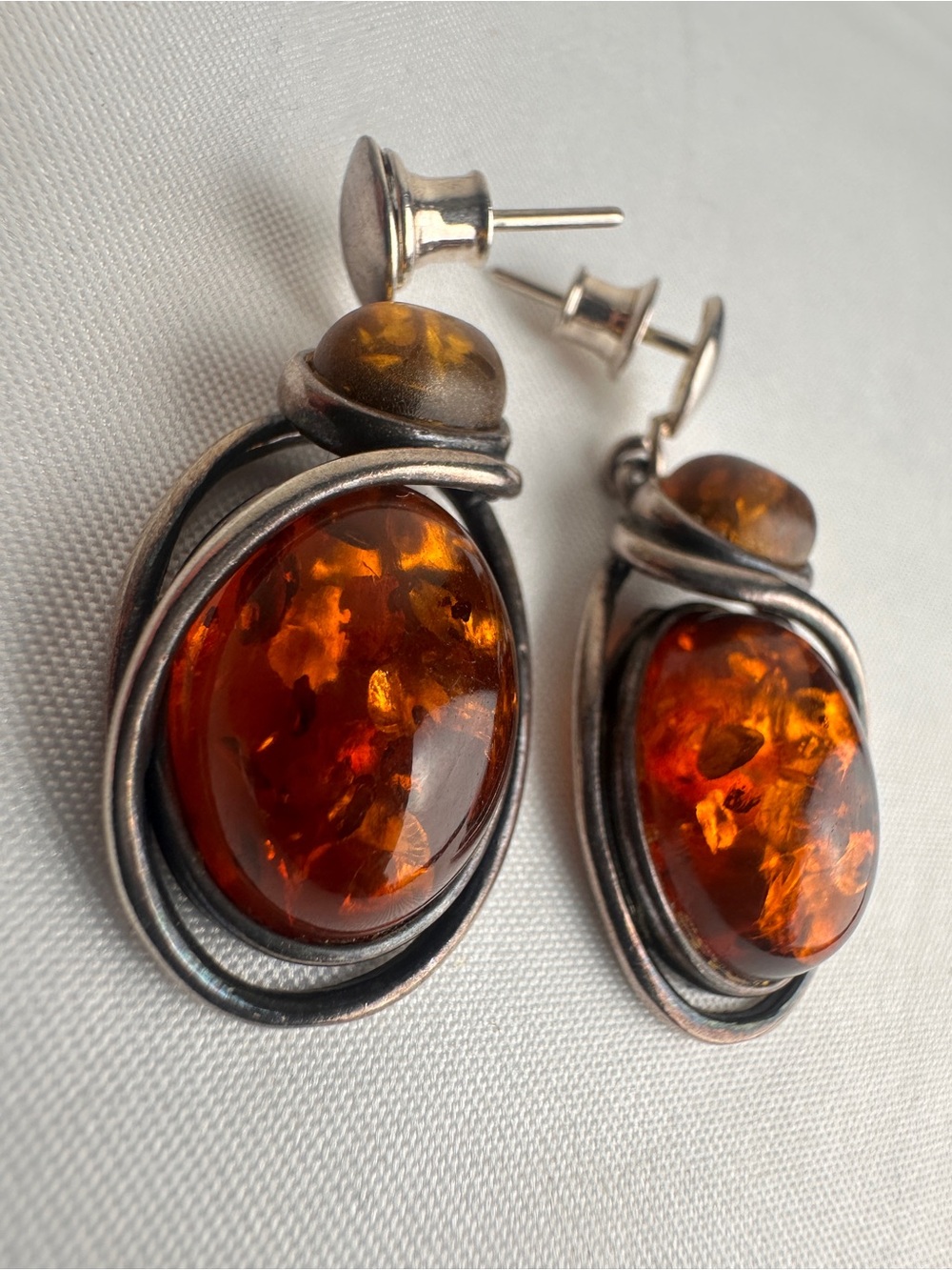 Vintage 925 Sterling Silver Amber Cabochon Dangle Earrings Modernist Statement